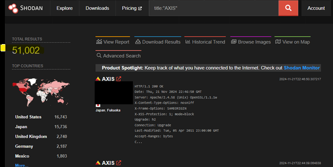 Shodan search results for title:"AXIS" showing 51,002 devices, with the most in the United States and Japan. Identifying details are hidden.