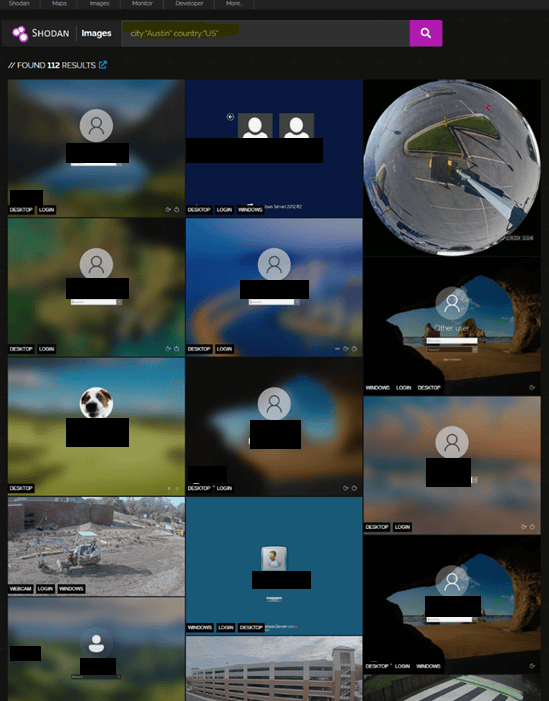 Shodan image search results for the city of Austin, with user names hidden.