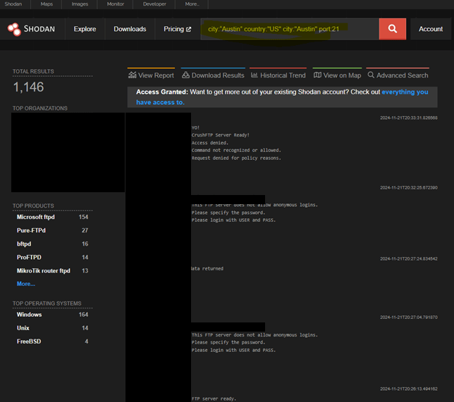 Shodan search results for open FTP servers in Austin, with addresses and organization names hidden.