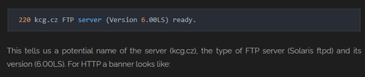 Example FTP server banner showing the server name, the software type, and the version number that Shodan collects.