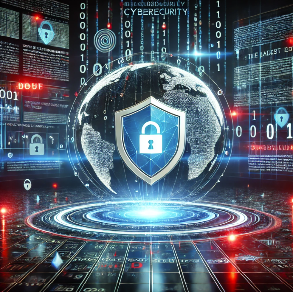 Illustration of a globe behind a blue shield with a padlock, surrounded by screens of cybersecurity news.